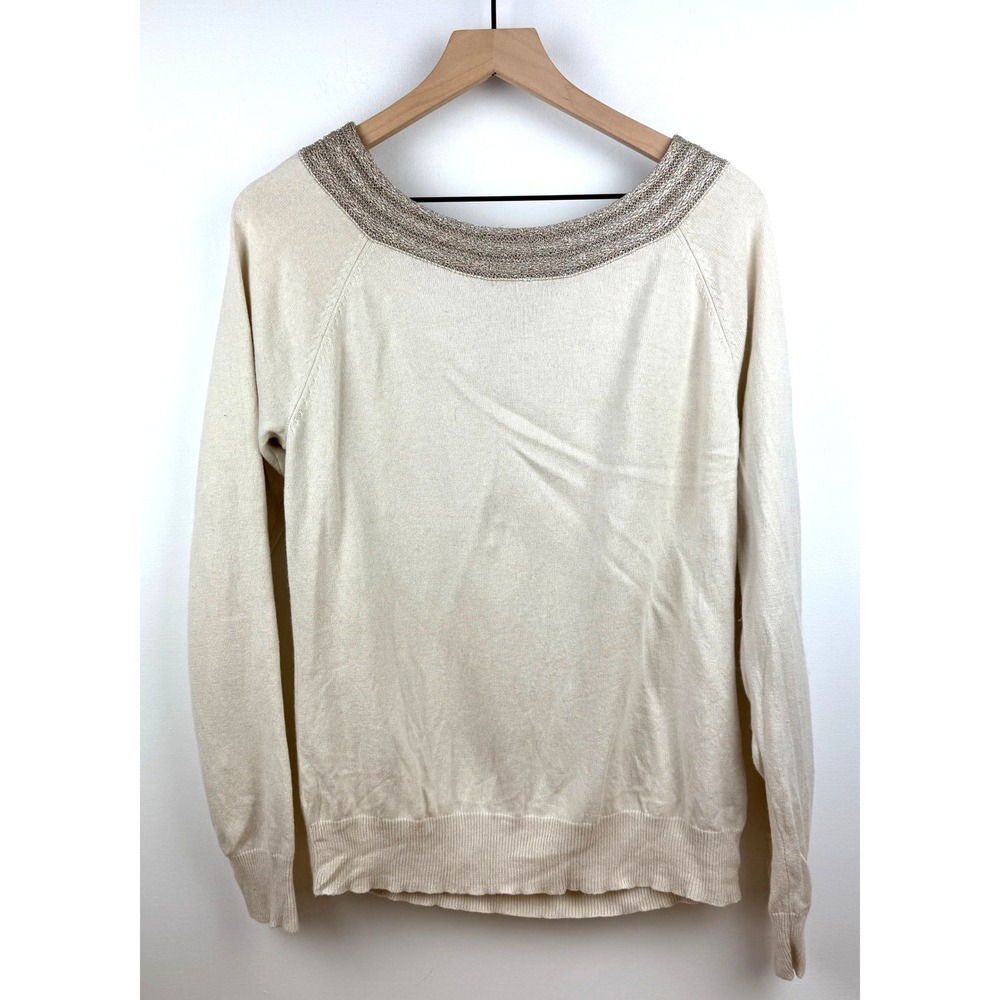 Lauren‎ Ralph Lauren Silk Cashmere Blend Metallic Neck Sweater XL Beige